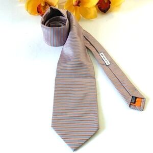 ALBY ITALIAN SILK GRAY ORANGE STRIPE NECKTIE 60x4 INCH